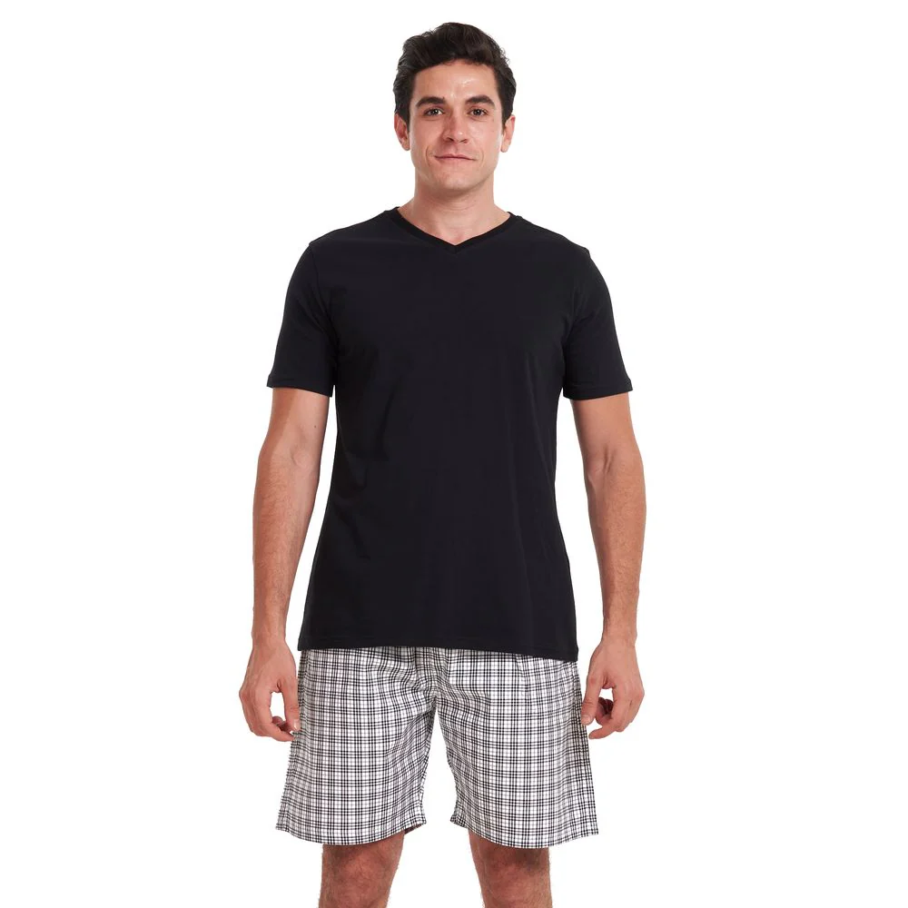 Men summer pajama set Black V neck t-shirt + White x Black checkered shorts - Image 3