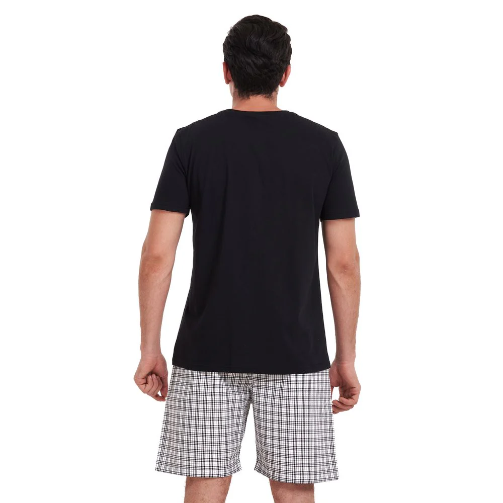 Men summer pajama set Black V neck t-shirt + White x Black checkered shorts - Image 4