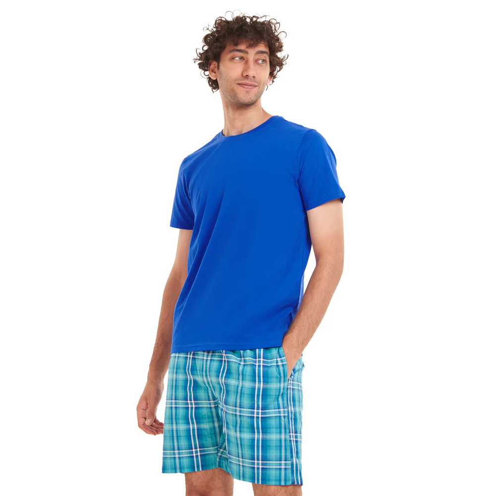 Men summer pajama set Blue T-shirt + Aqua x Green Chekered shorts - Image 2