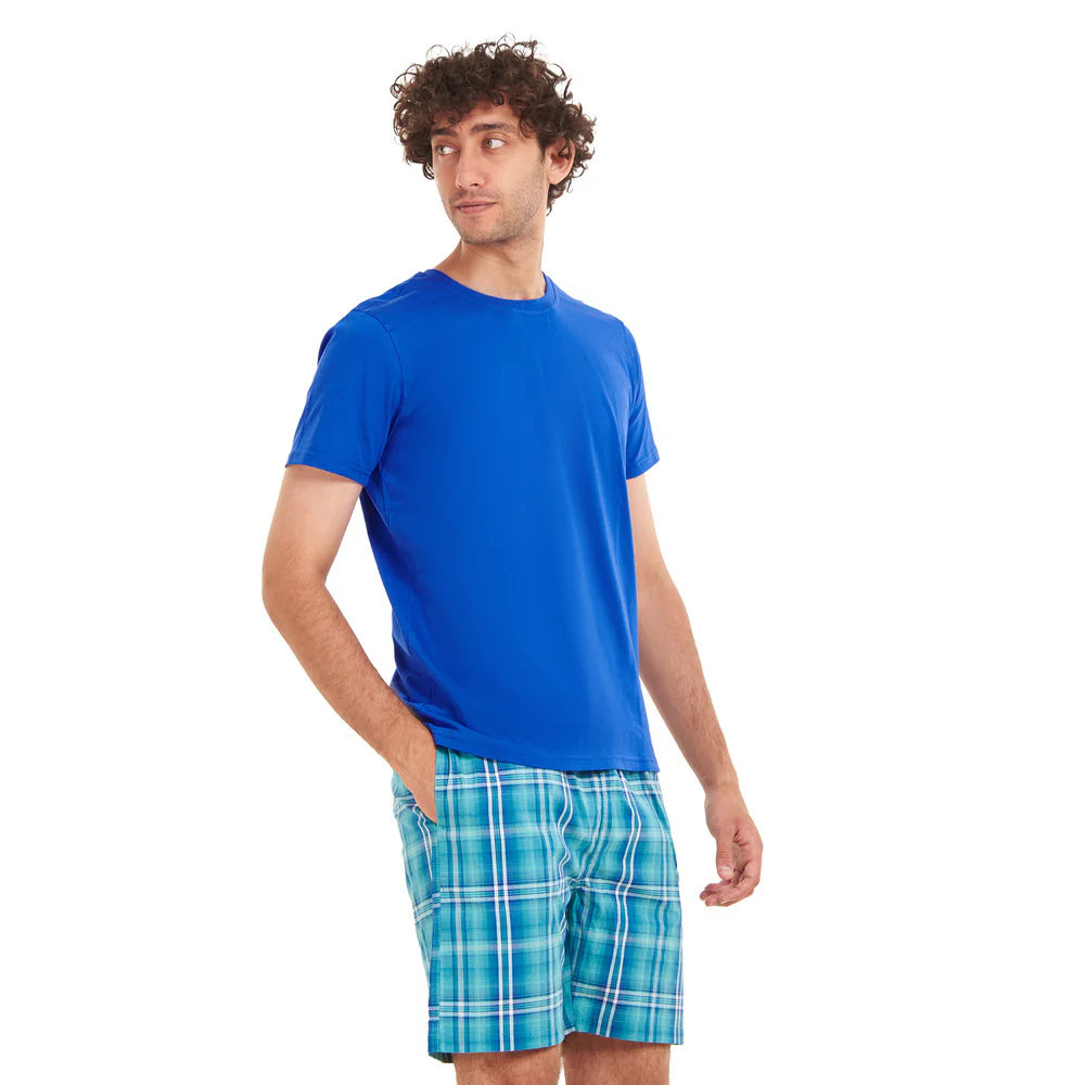 Men summer pajama set Blue T-shirt + Aqua x Green Chekered shorts - Image 3