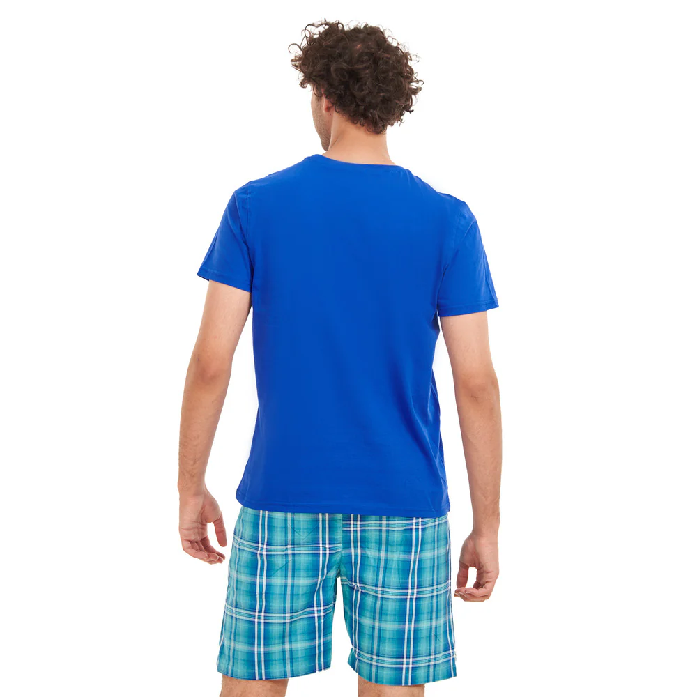 Men summer pajama set Blue T-shirt + Aqua x Green Chekered shorts - Image 4