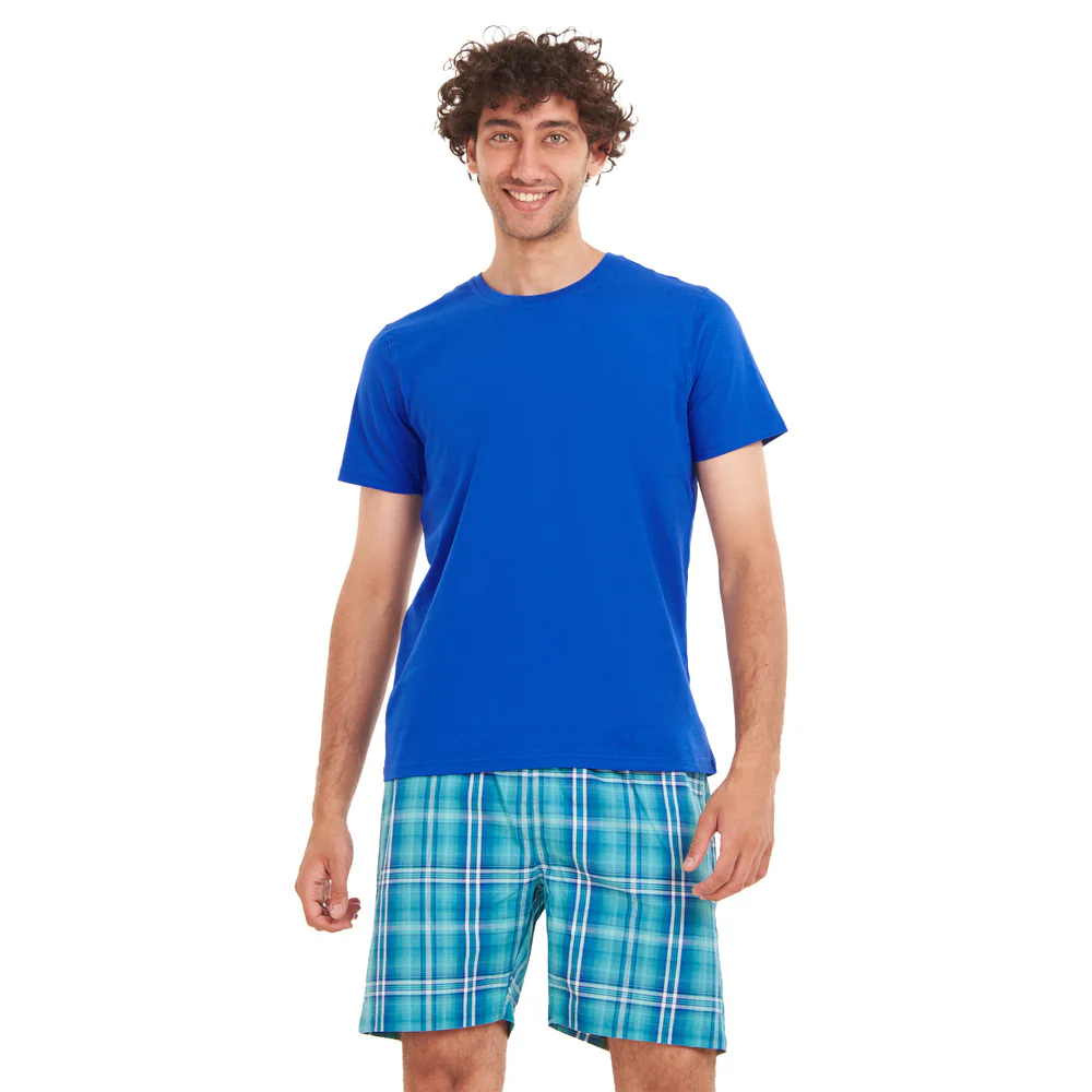 Men summer pajama set Blue T-shirt + Aqua x Green Chekered shorts - Image 5