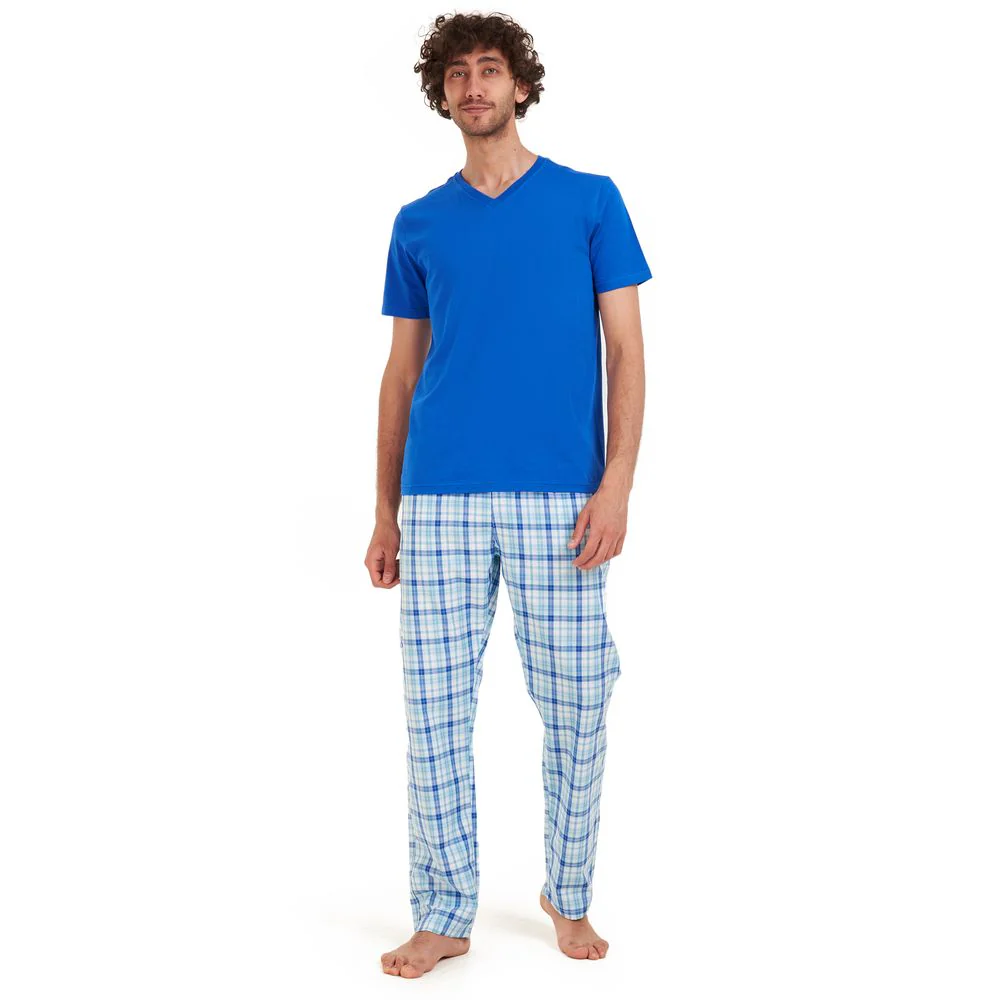 Men summer pajama set Blue t-shirt + Blue x aqua checkered Pants - Image 2