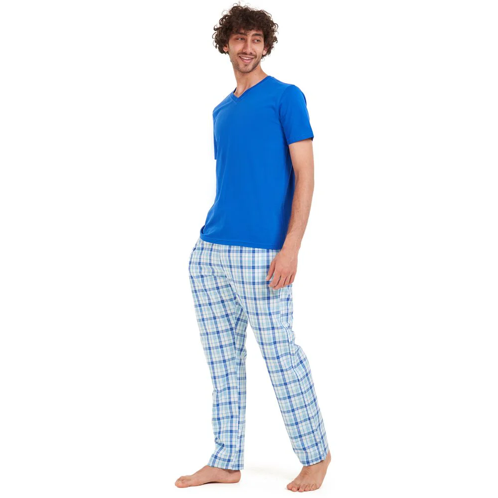 Men summer pajama set Blue t-shirt + Blue x aqua checkered Pants - Image 3