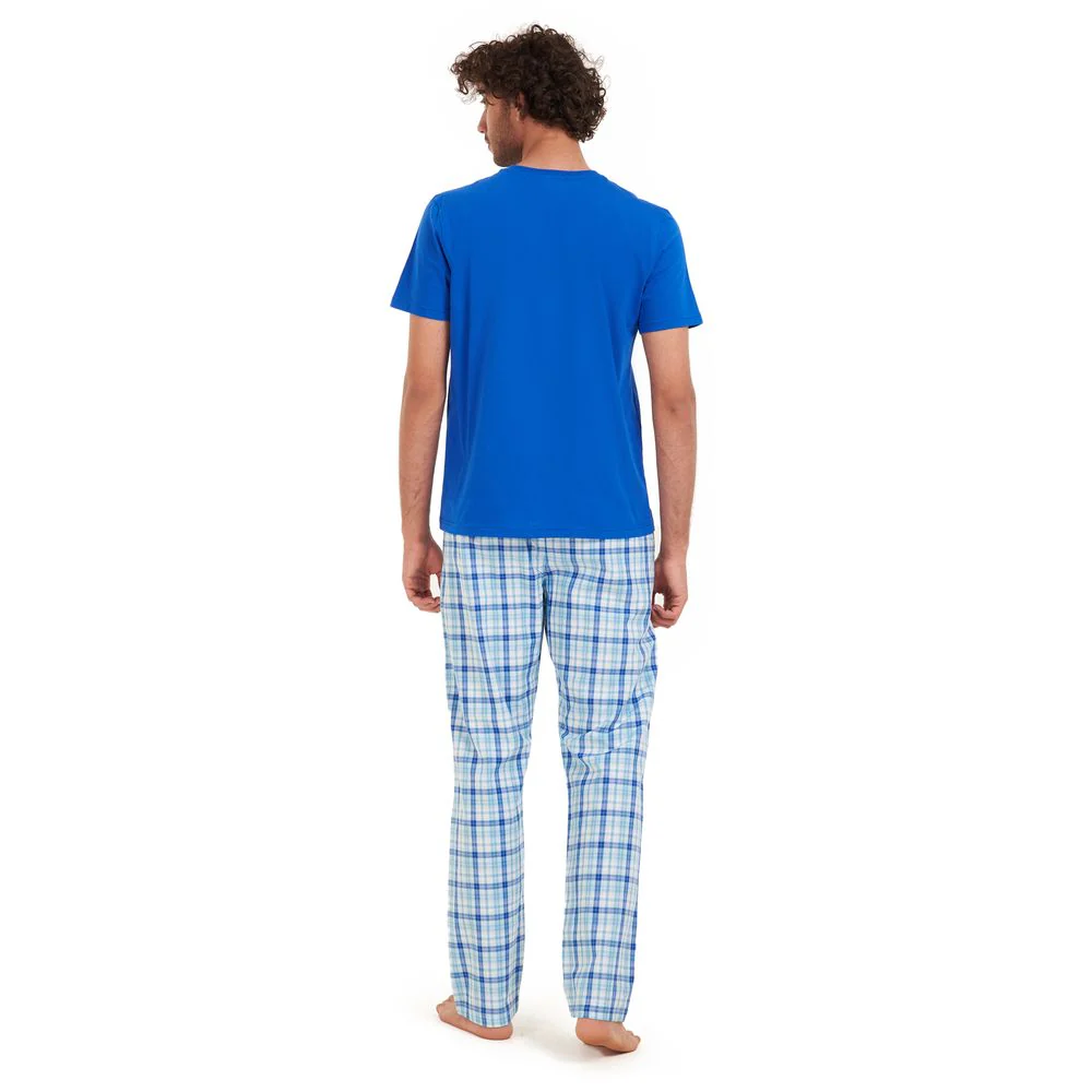 Men summer pajama set Blue t-shirt + Blue x aqua checkered Pants - Image 4