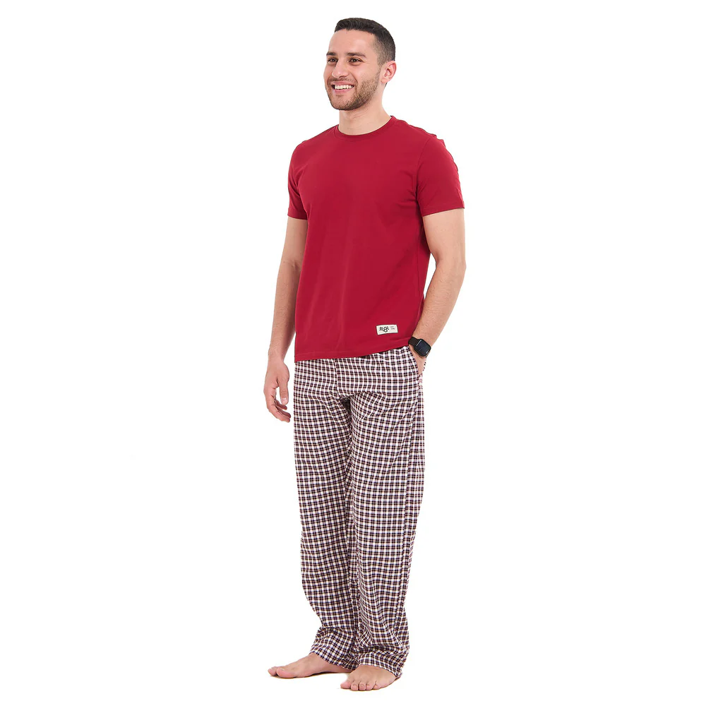 Men summer pajama set Burgundy T-shirt + Burgundy X White Checkered Pants - Image 3
