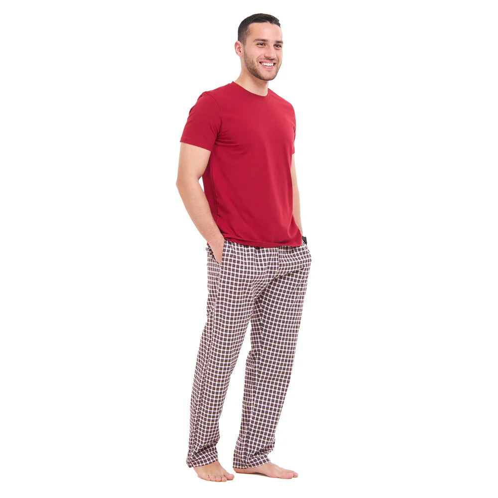 Men summer pajama set Burgundy T-shirt + Burgundy X White Checkered Pants - Image 4