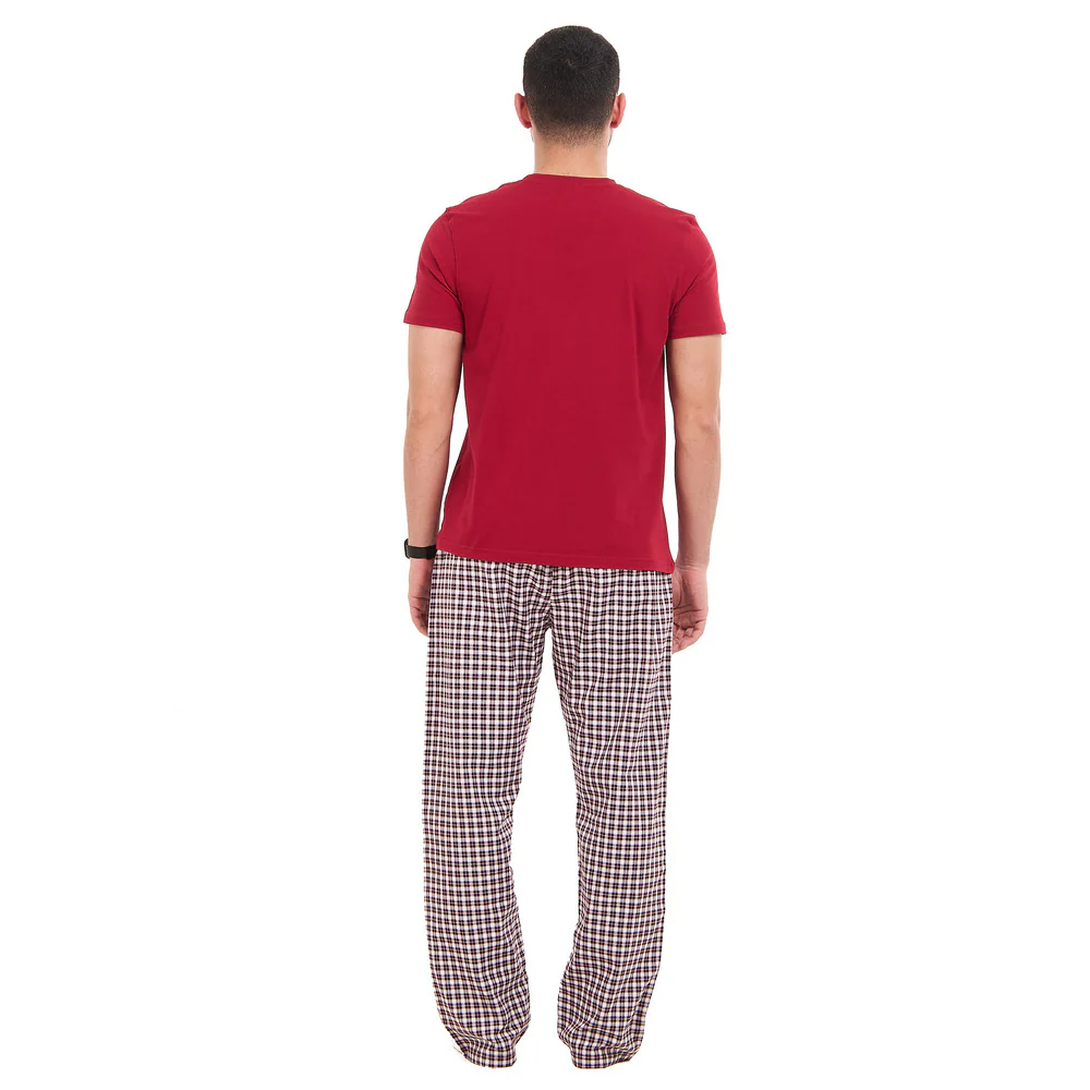 Men summer pajama set Burgundy T-shirt + Burgundy X White Checkered Pants - Image 5