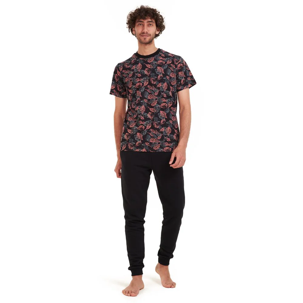 Men summer pajama set Cashmere leaves t-shirt +Black pants