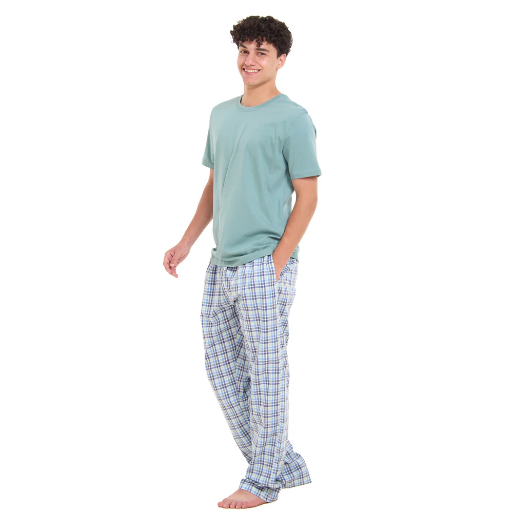 Men summer pajama set Copper green T-shirt + Copper green x Indigo checkered pant - Image 2