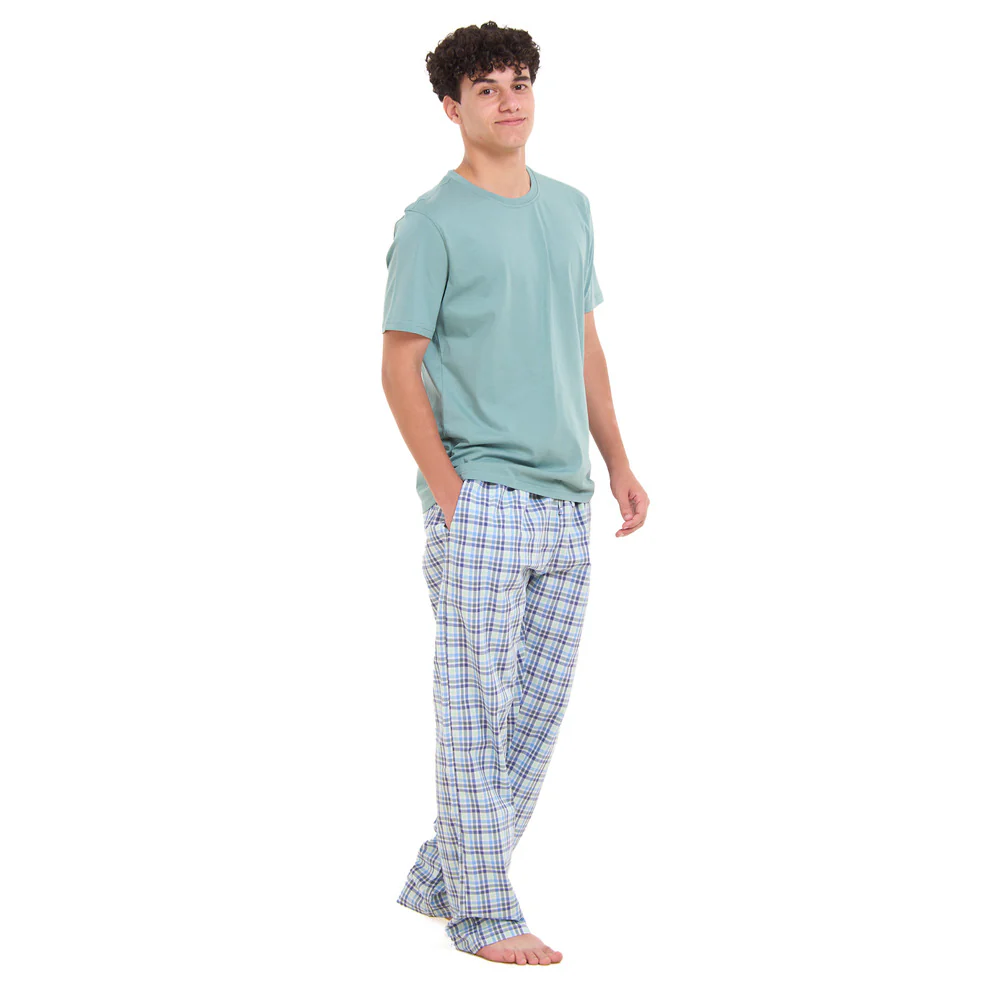 Men summer pajama set Copper green T-shirt + Copper green x Indigo checkered pant - Image 3