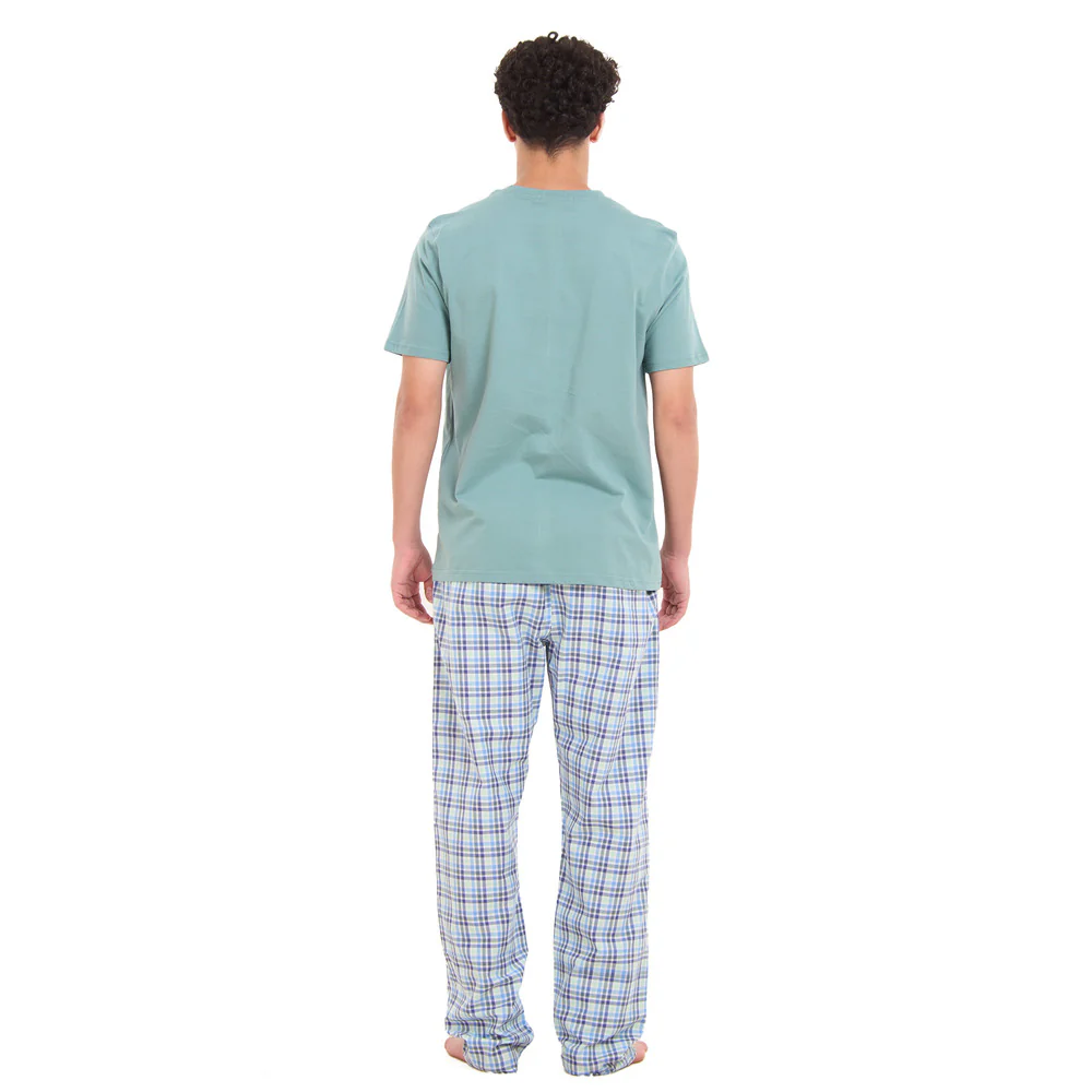 Men summer pajama set Copper green T-shirt + Copper green x Indigo checkered pant - Image 4