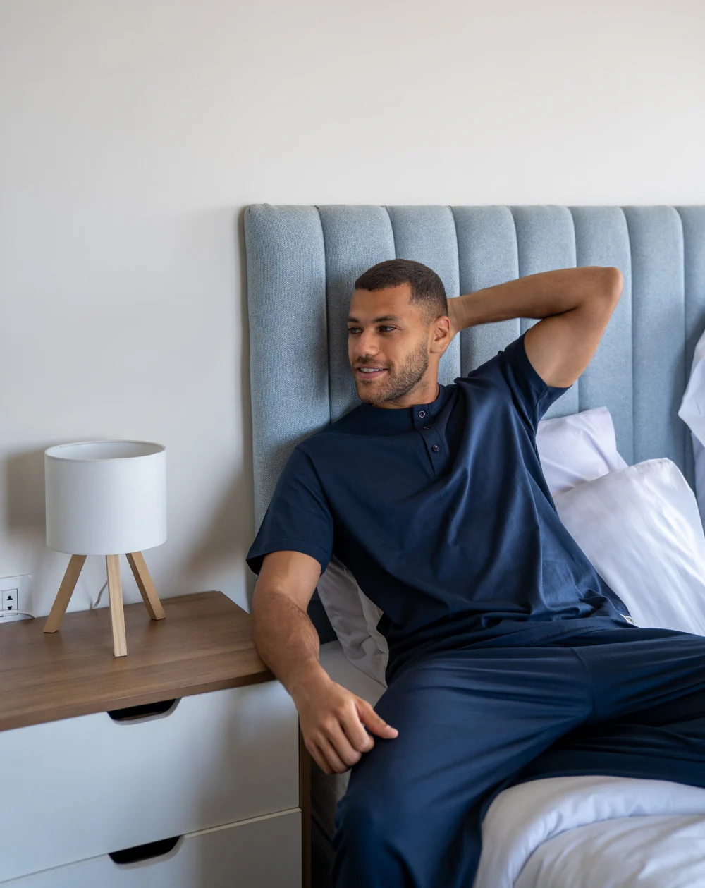 Men Summer Pajama Set Dark Blue Buttoned Tee + Pants - Image 2