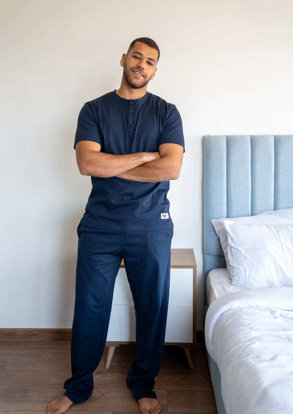 Men Summer Pajama Set Dark Blue Buttoned Tee + Pants - Image 3