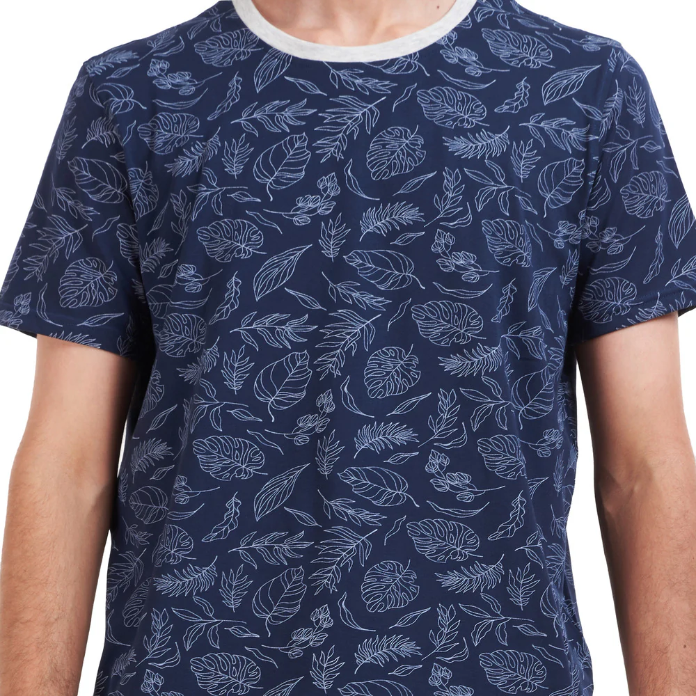 Men summer pajama set Dark Blue Leaves T-shirt + Navy pants - Image 2