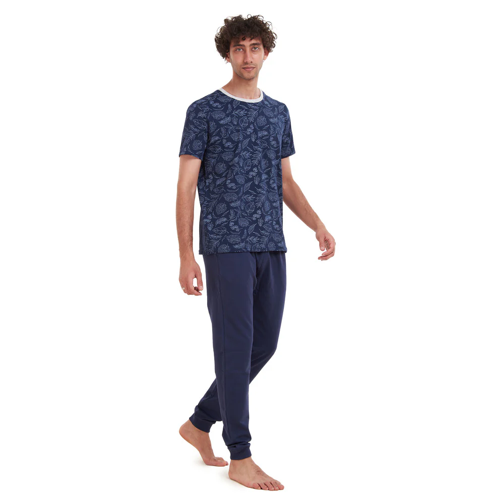 Men summer pajama set Dark Blue Leaves T-shirt + Navy pants - Image 3