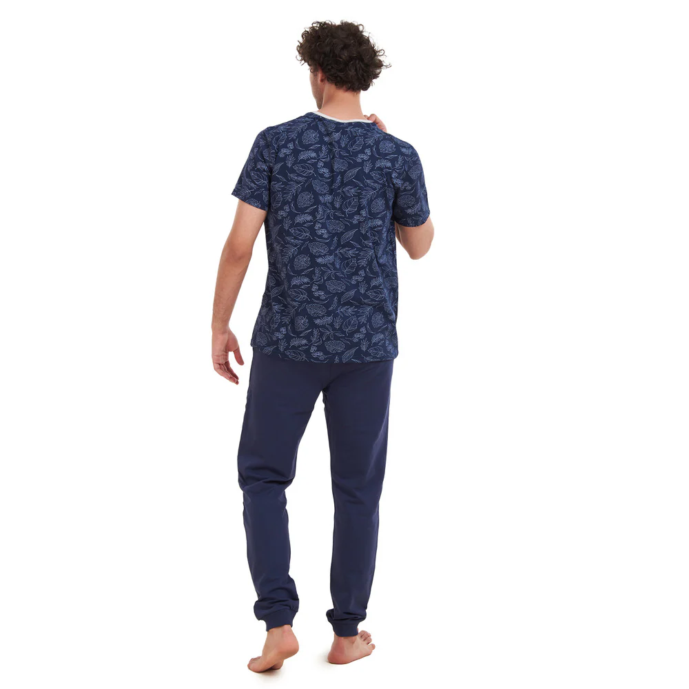 Men summer pajama set Dark Blue Leaves T-shirt + Navy pants - Image 4