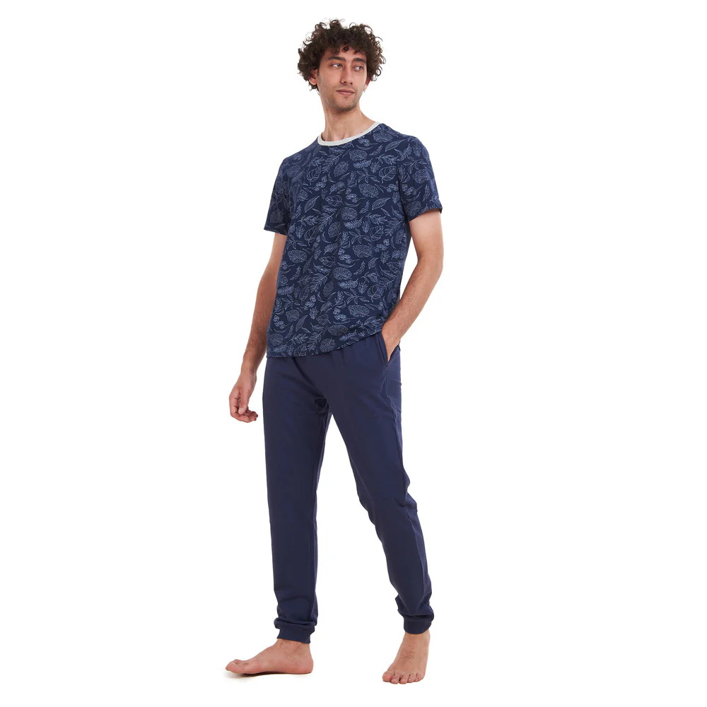 Men summer pajama set Dark Blue Leaves T-shirt + Navy pants - Image 5
