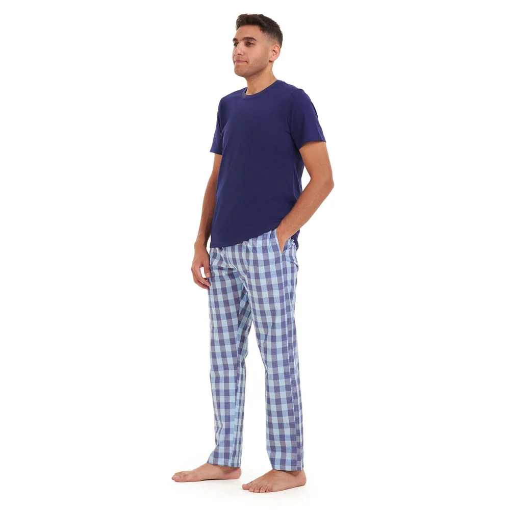 Men summer pajama set Dark blue t-shirt +aqua x blue checkered Pants - Image 2