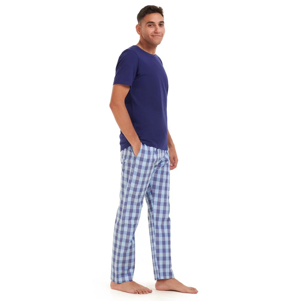 Men summer pajama set Dark blue t-shirt +aqua x blue checkered Pants - Image 3