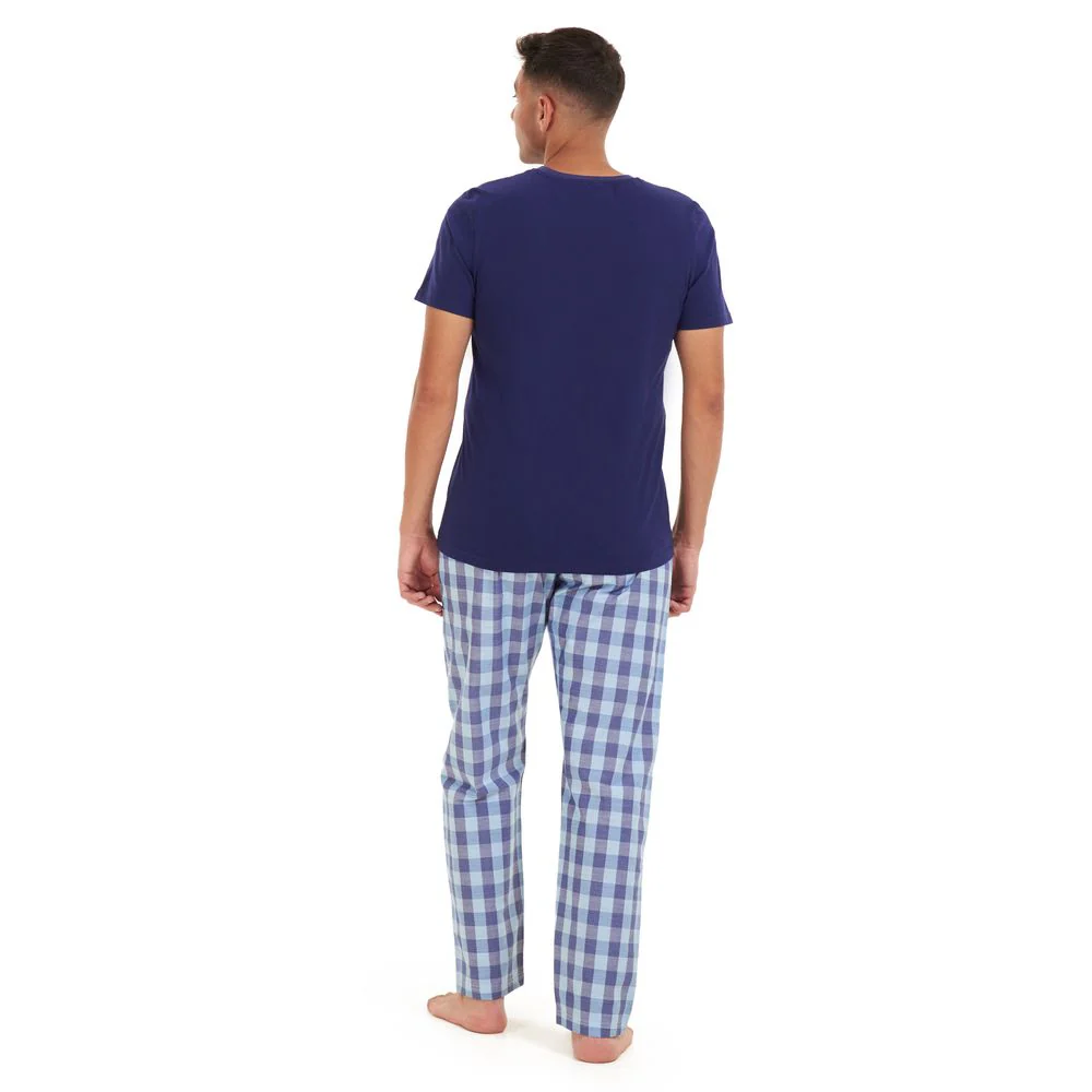 Men summer pajama set Dark blue t-shirt +aqua x blue checkered Pants - Image 4