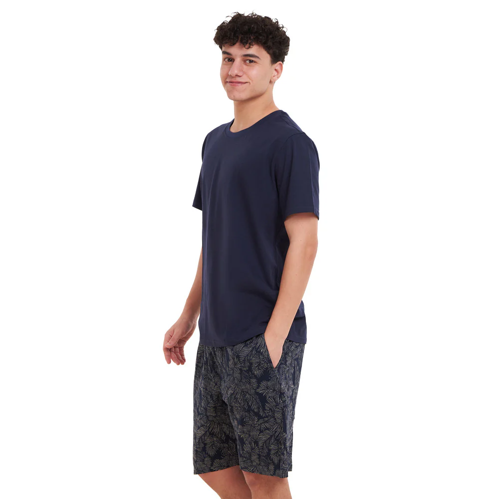 Men summer pajama set Dark Blue T-shirt + Beige Leaves short - Image 2