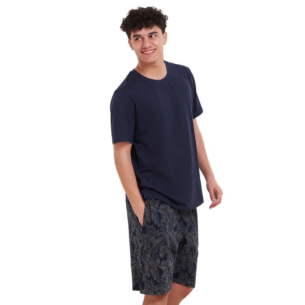 Men summer pajama set Dark Blue T-shirt + Beige Leaves short - Image 3