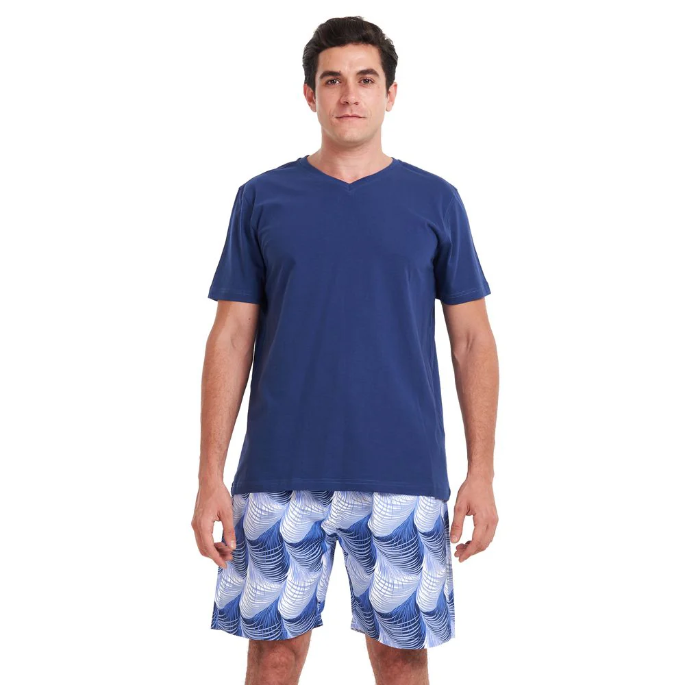 Men summer pajama set Dark Blue V neck t-shirt + Blue leaves printed shorts - Image 3