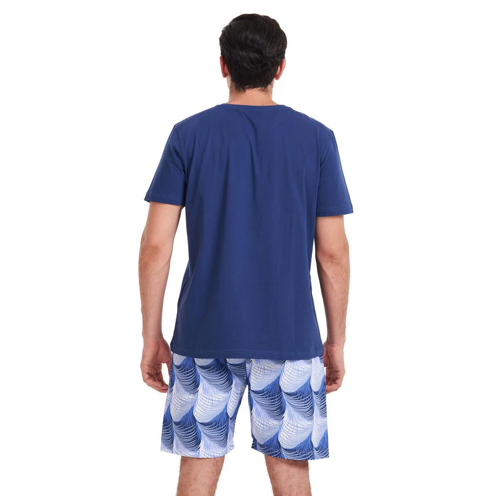 Men summer pajama set Dark Blue V neck t-shirt + Blue leaves printed shorts - Image 4