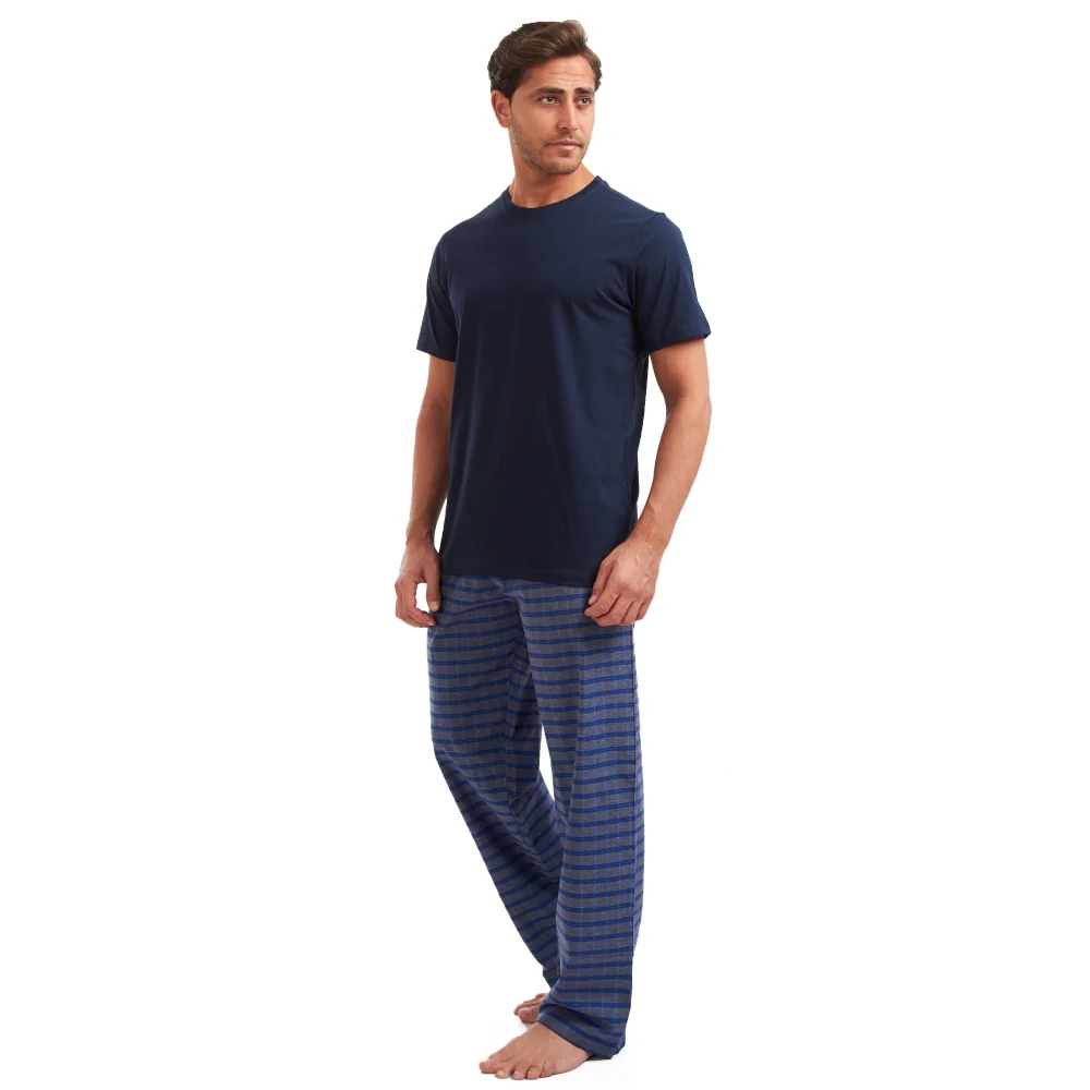 Men summer pajama set Dark Blue t-shirt + Checkered pants - Image 2