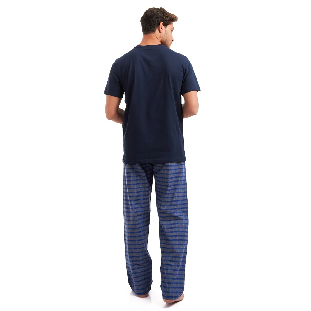 Men summer pajama set Dark Blue t-shirt + Checkered pants - Image 3