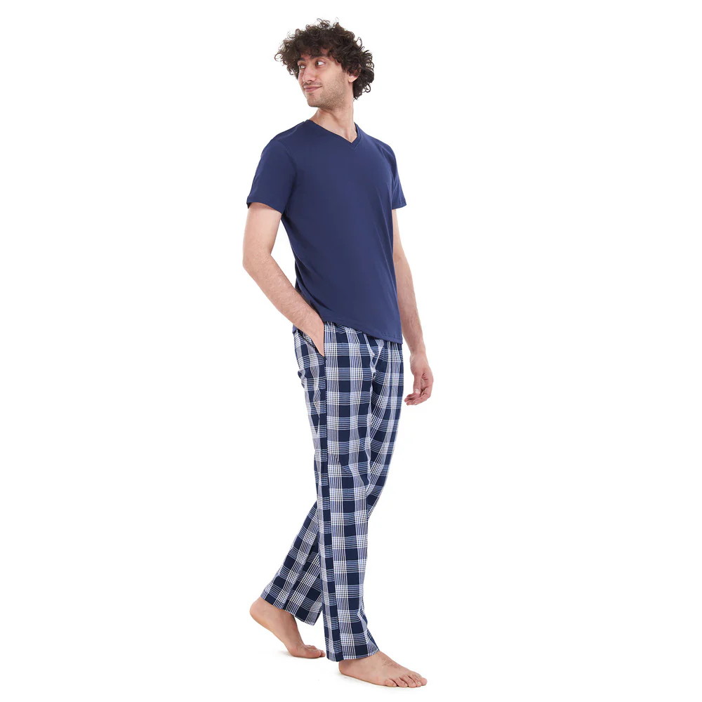 Men summer pajama set Dark Blue T-shirt + Dark blue checkered pants - Image 2