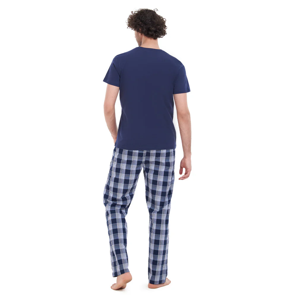 Men summer pajama set Dark Blue T-shirt + Dark blue checkered pants - Image 3