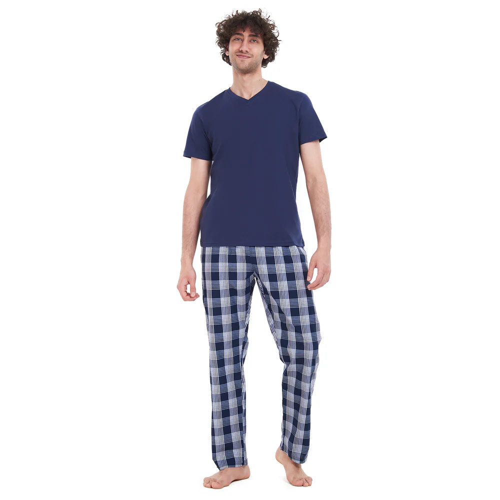 Men summer pajama set Dark Blue T-shirt + Dark blue checkered pants - Image 4