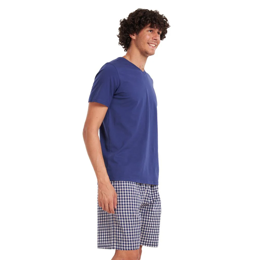 Men summer pajama set Dark blue T-shirt + Dark blue checkered shorts - Image 2