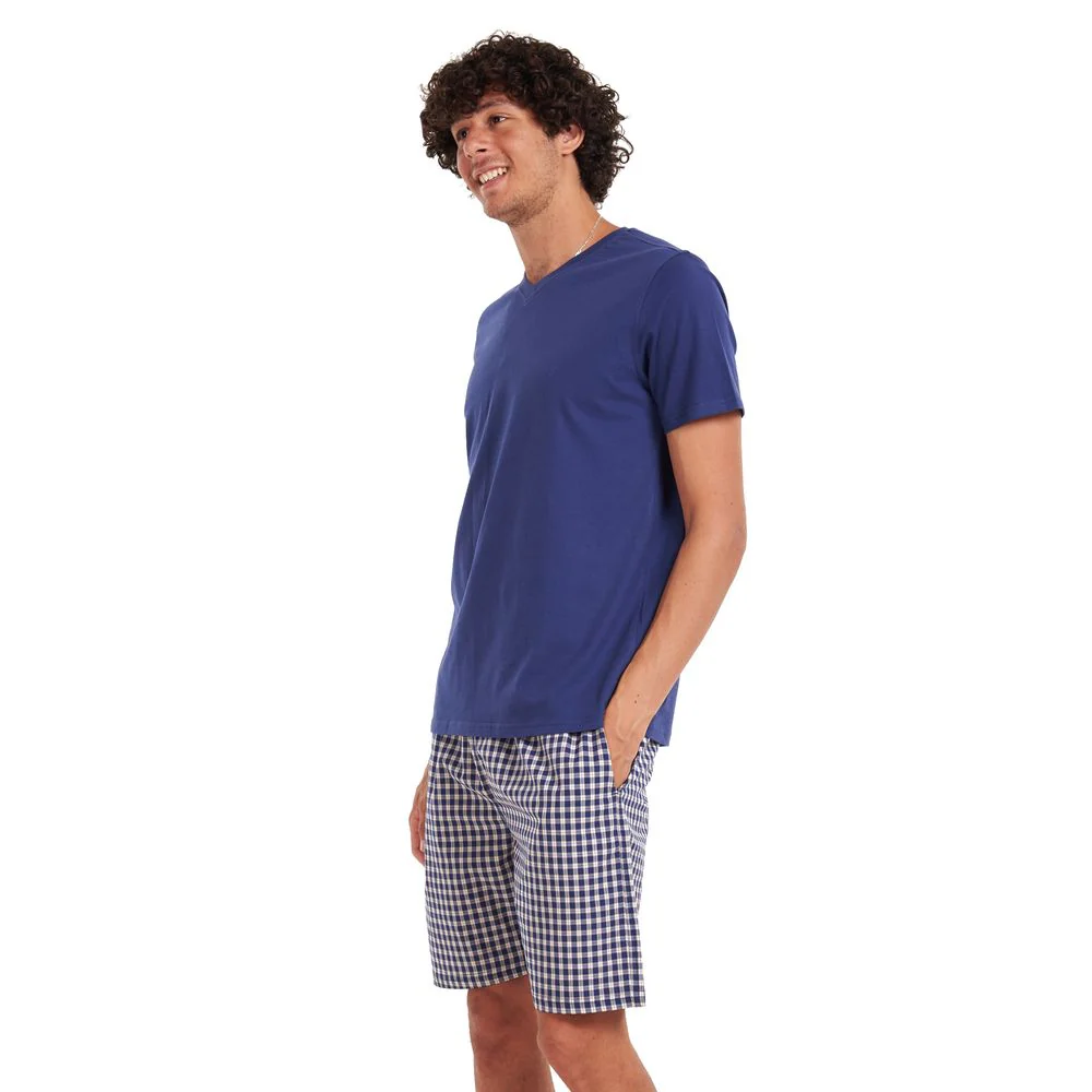 Men summer pajama set Dark blue T-shirt + Dark blue checkered shorts - Image 4