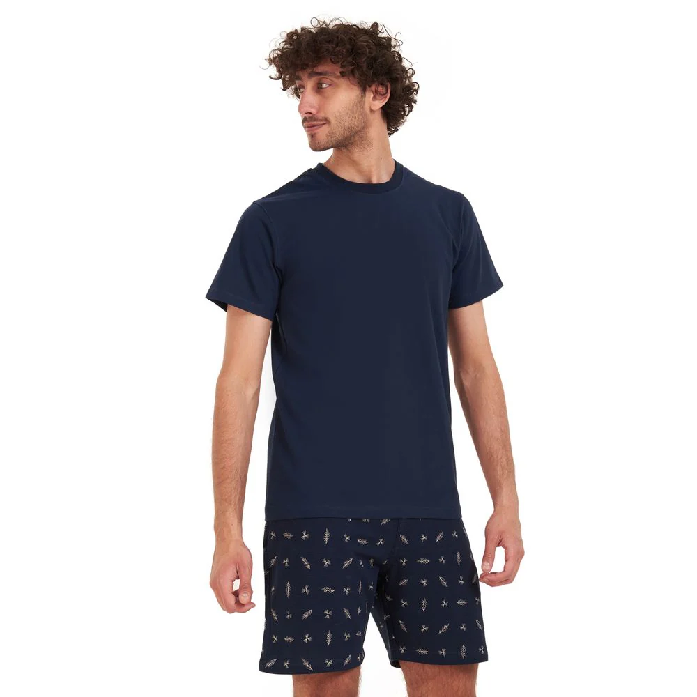 Men summer pajama set Dark blue T-shirt + Dark blue leaves short - Image 2
