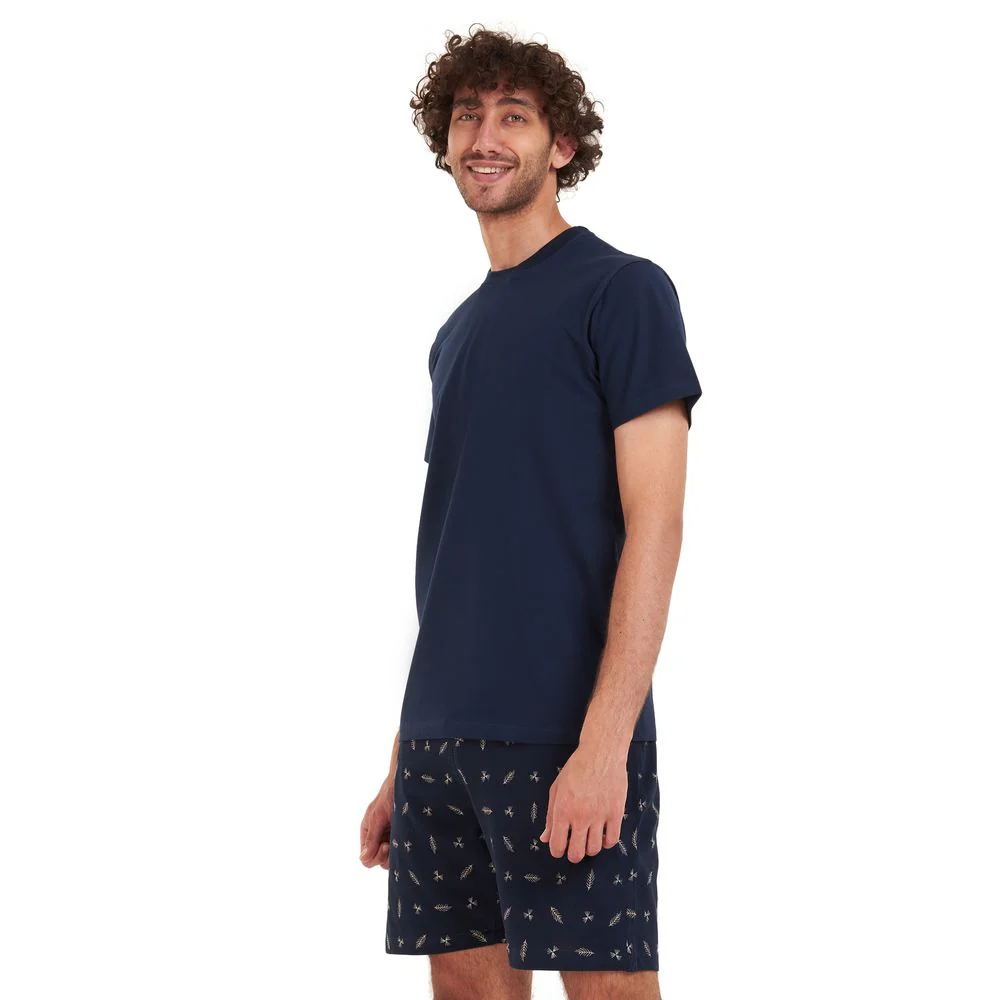 Men summer pajama set Dark blue T-shirt + Dark blue leaves short - Image 3