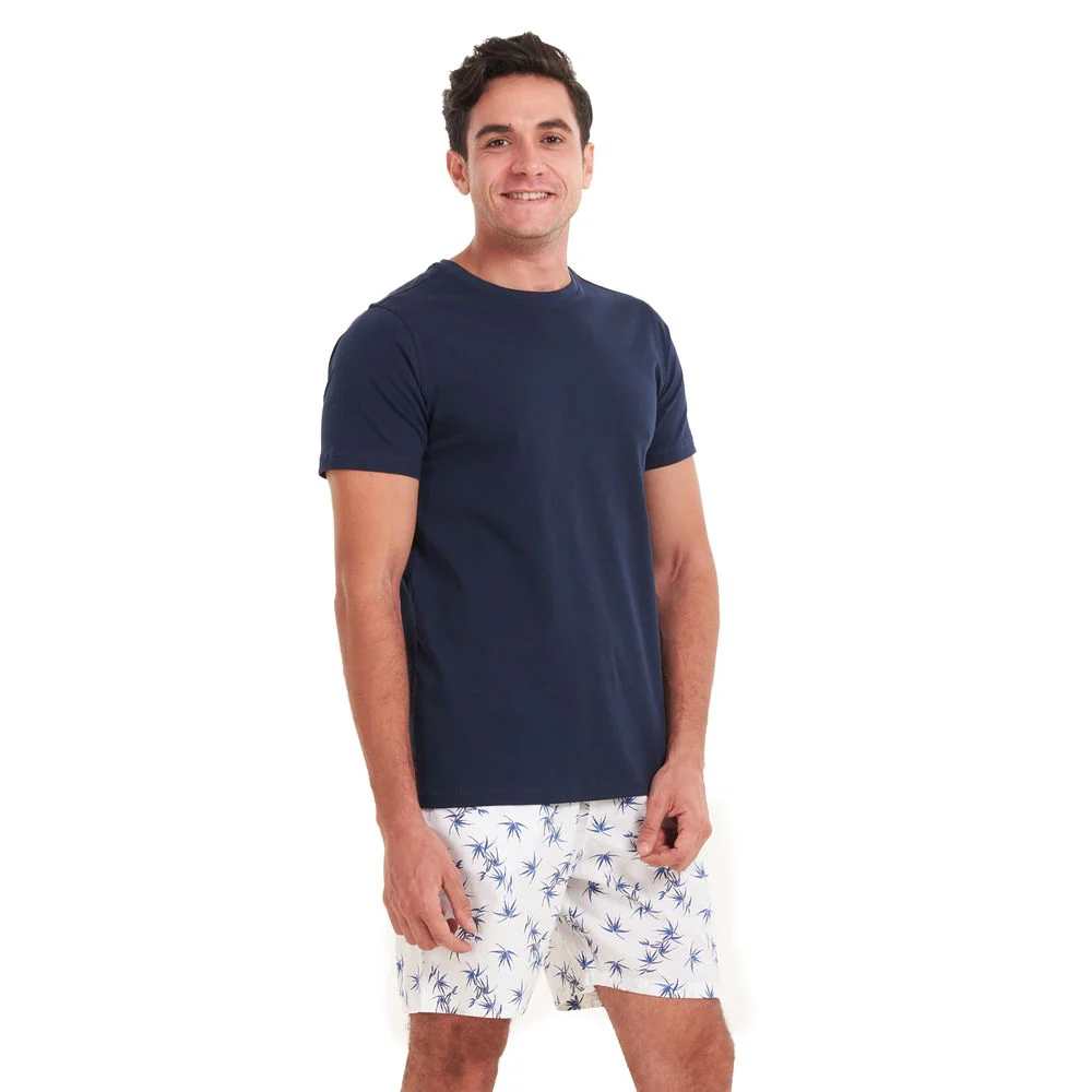 Men summer pajama set Dark blue T-shirt + Dark blue leaves shorts - Image 2
