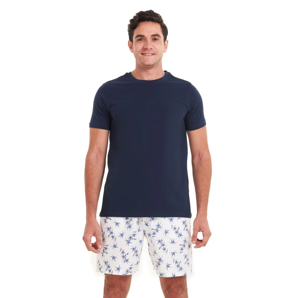 Men summer pajama set Dark blue T-shirt + Dark blue leaves shorts - Image 3
