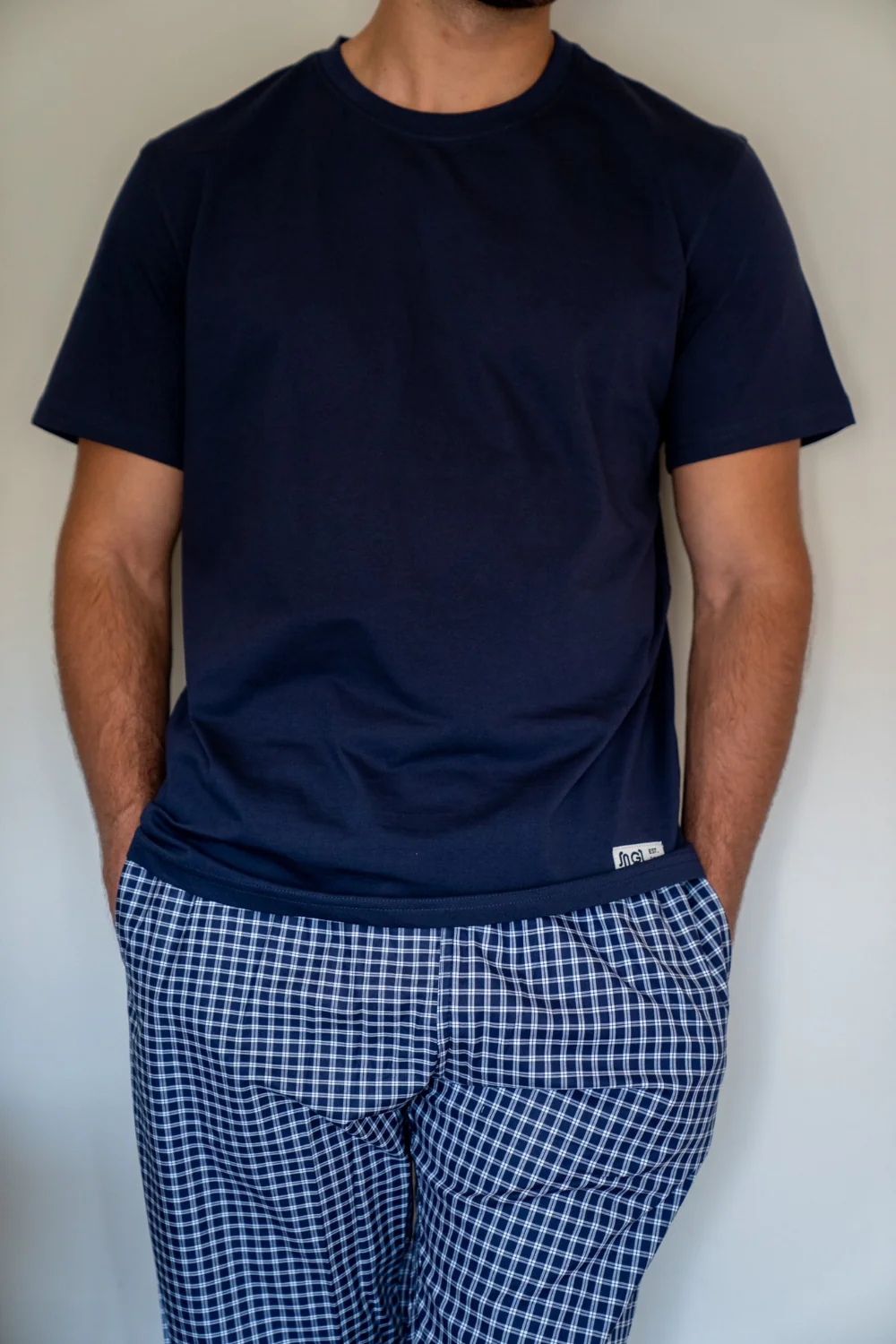 Men summer pajama set Dark Blue T-shirt + Dark Blue Mini Checkered Pants - Image 2