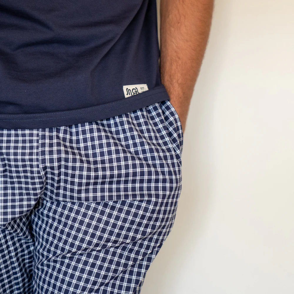 Men summer pajama set Dark Blue T-shirt + Dark Blue Mini Checkered Pants - Image 3