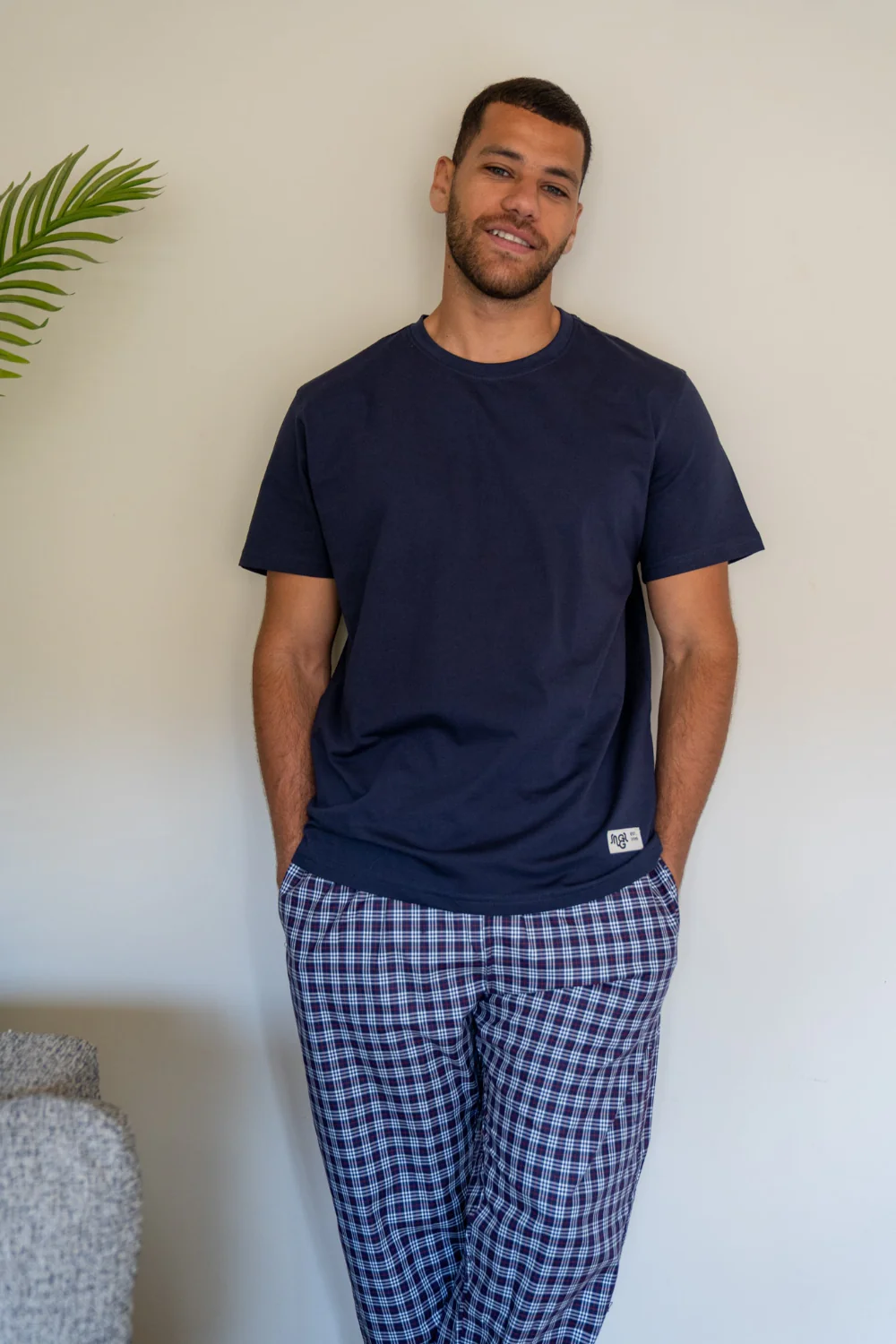 Men summer pajama set Dark Blue T-shirt + Dark Blue Mini Checkered Pants - Image 4