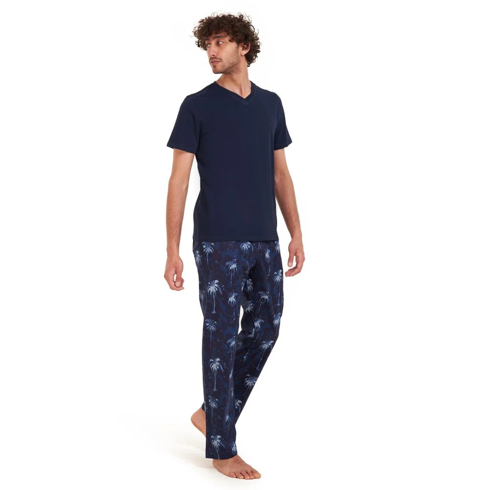 Men summer pajama set Dark blue t-shirt +Dark blue Palm Pants - Image 2