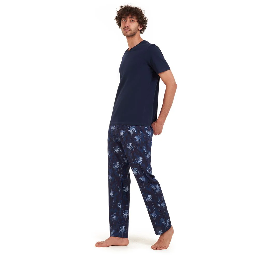 Men summer pajama set Dark blue t-shirt +Dark blue Palm Pants - Image 3