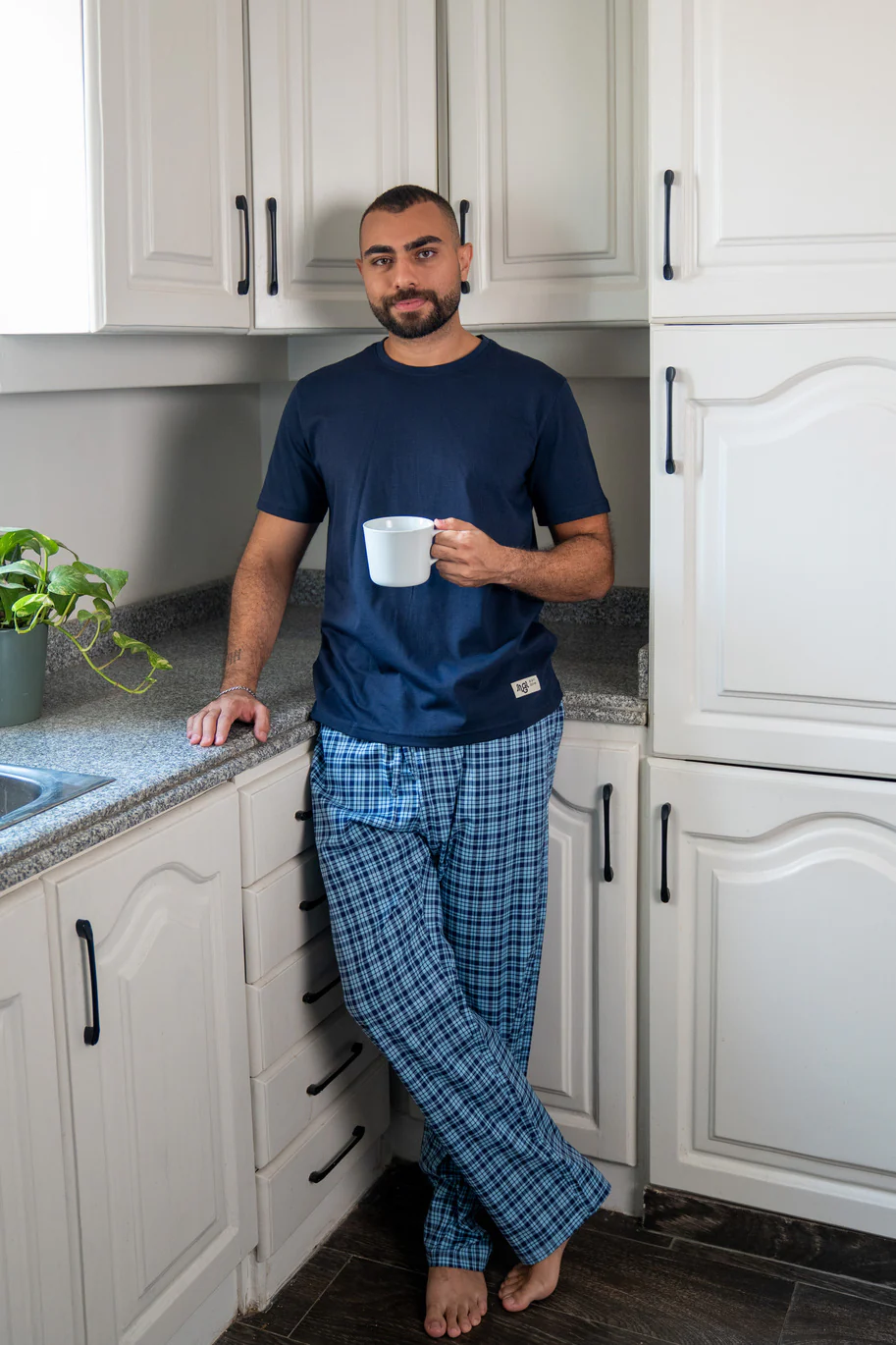 Men summer pajama set Dark Blue T-shirt + Dark Blue X Light Blue Checkered Pants - Image 2