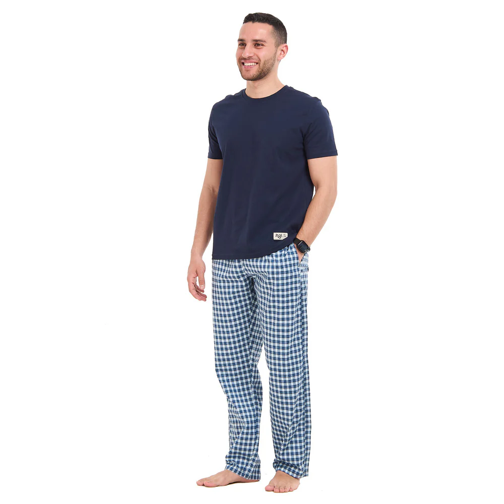 Men summer pajama set Dark blue T-shirt + Dark blue X Light blue checkered Pants - Image 2