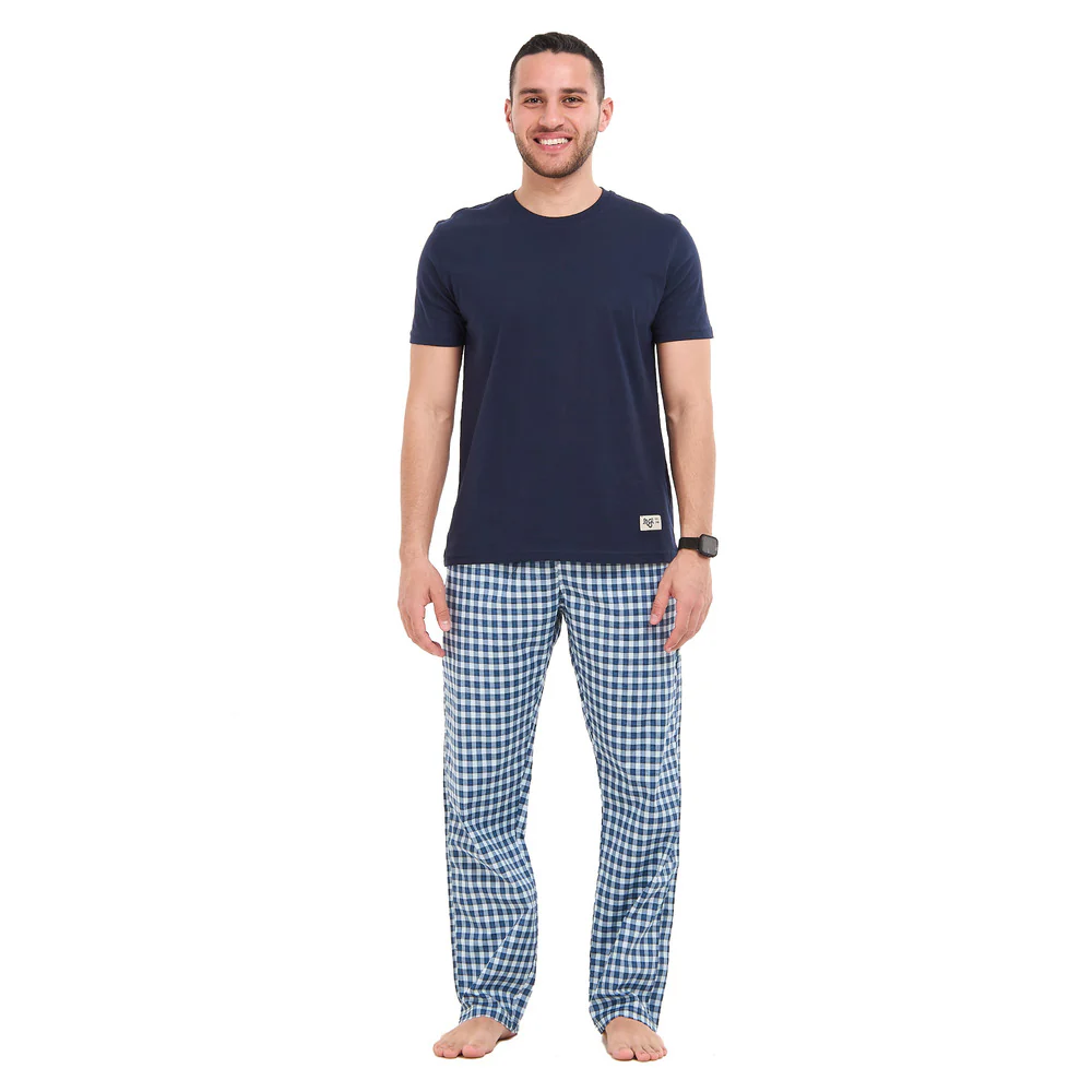 Men summer pajama set Dark blue T-shirt + Dark blue X Light blue checkered Pants - Image 3