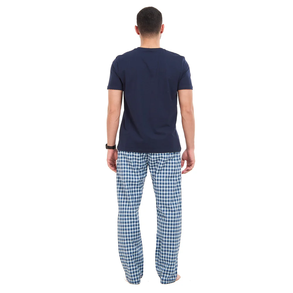 Men summer pajama set Dark blue T-shirt + Dark blue X Light blue checkered Pants - Image 5