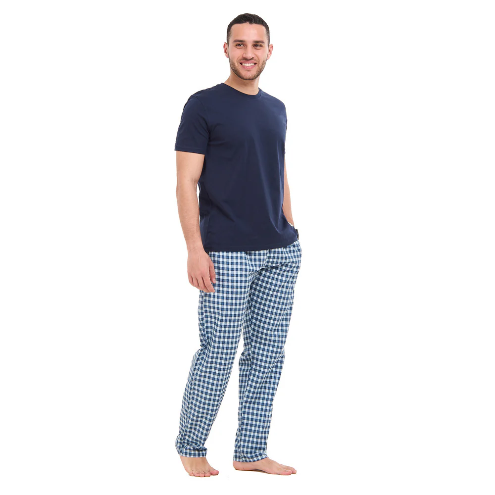 Men summer pajama set Dark blue T-shirt + Dark blue X Light blue checkered Pants - Image 6